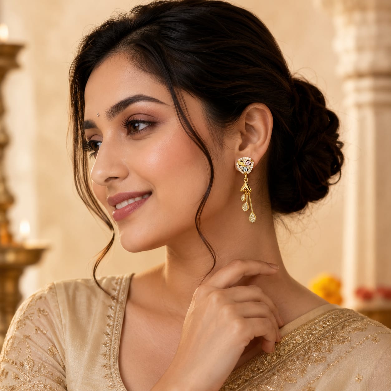 Gold Plated Multicolour Marquise Stud Earrings with CZ Leaf & Teardrop Danglers