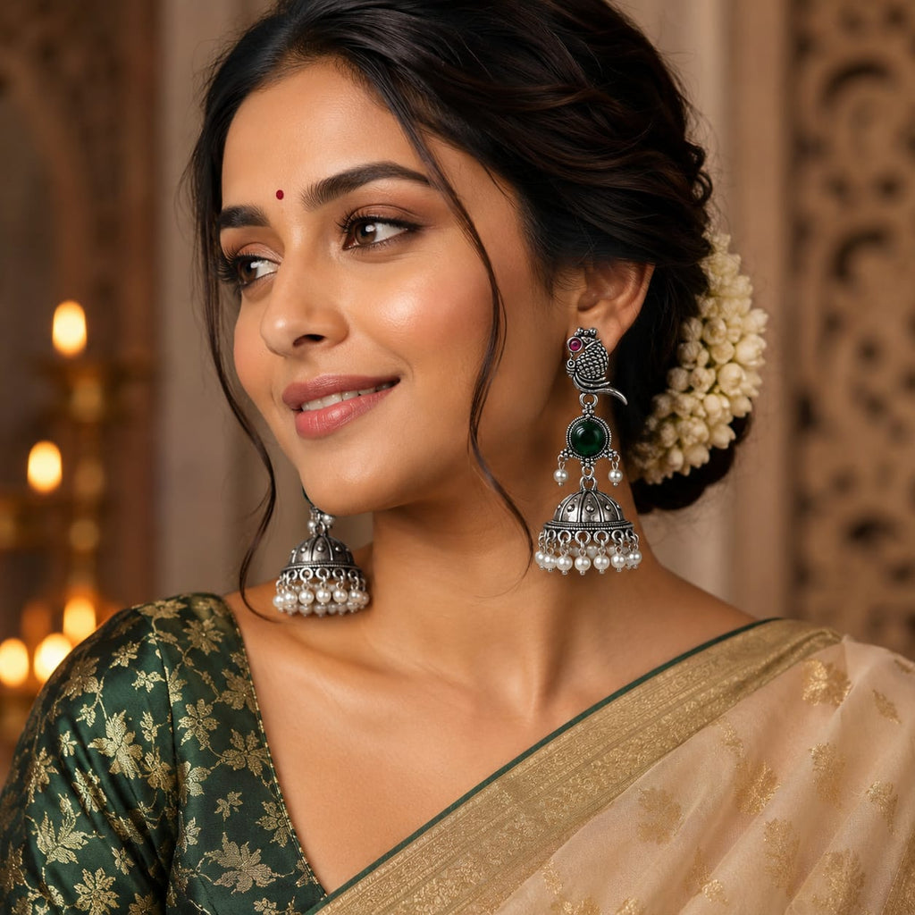 Oxidised Silver Parrot Jhumka Earrings | Green Stone & Pearl Drop