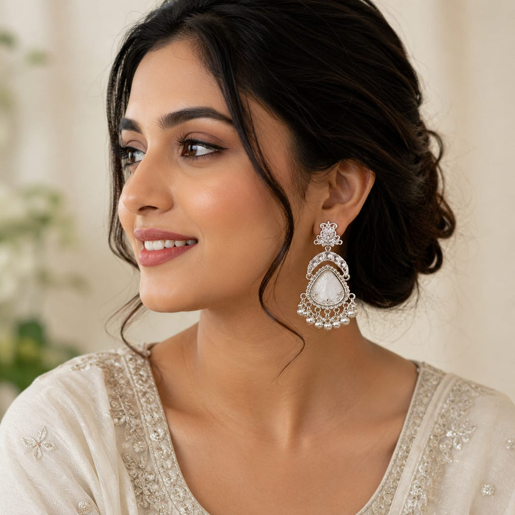 Silver Crystal & Mother of Pearl Chandelier Earrings | Ghungroo Drop