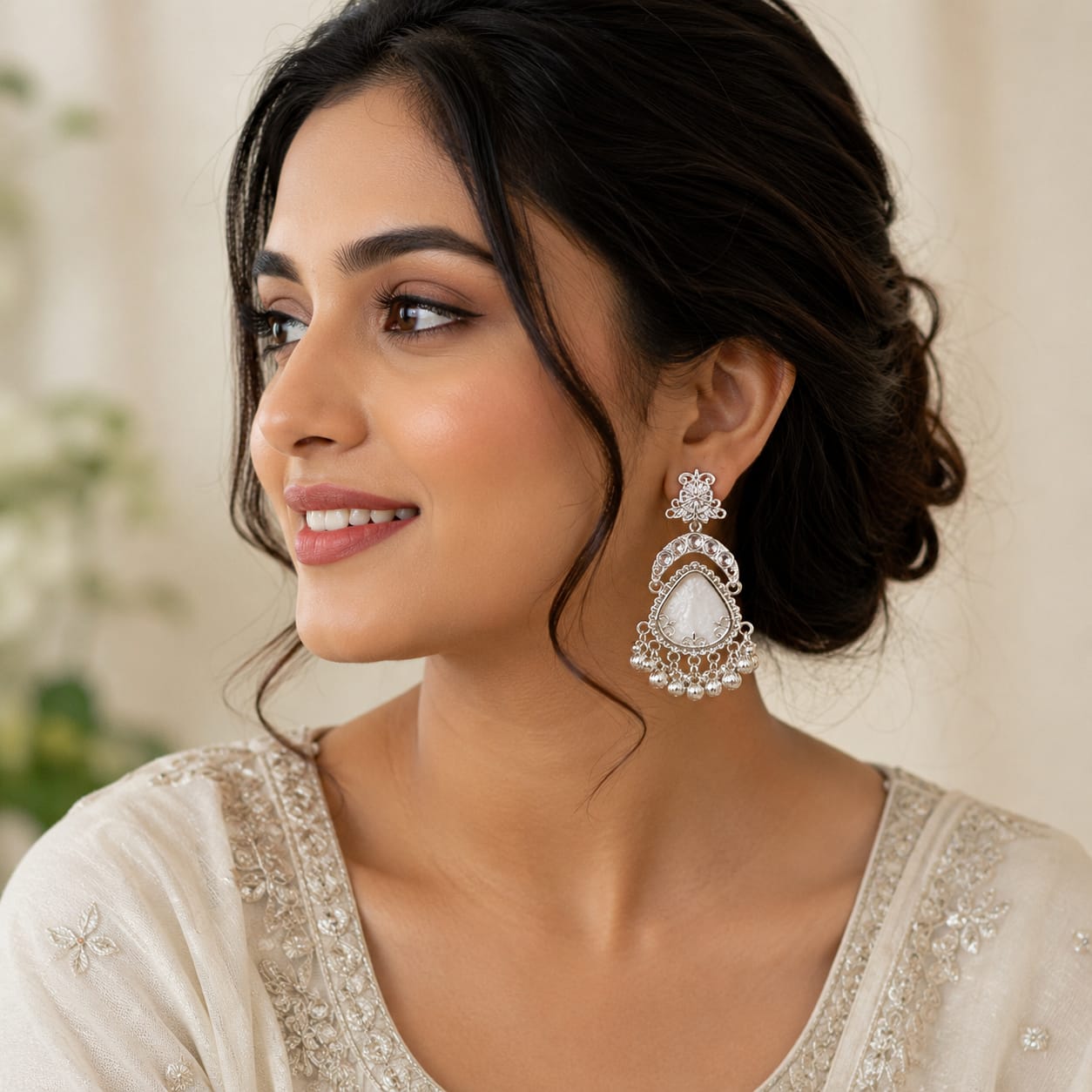 Silver Crystal & Mother of Pearl Chandelier Earrings | Ghungroo Drop