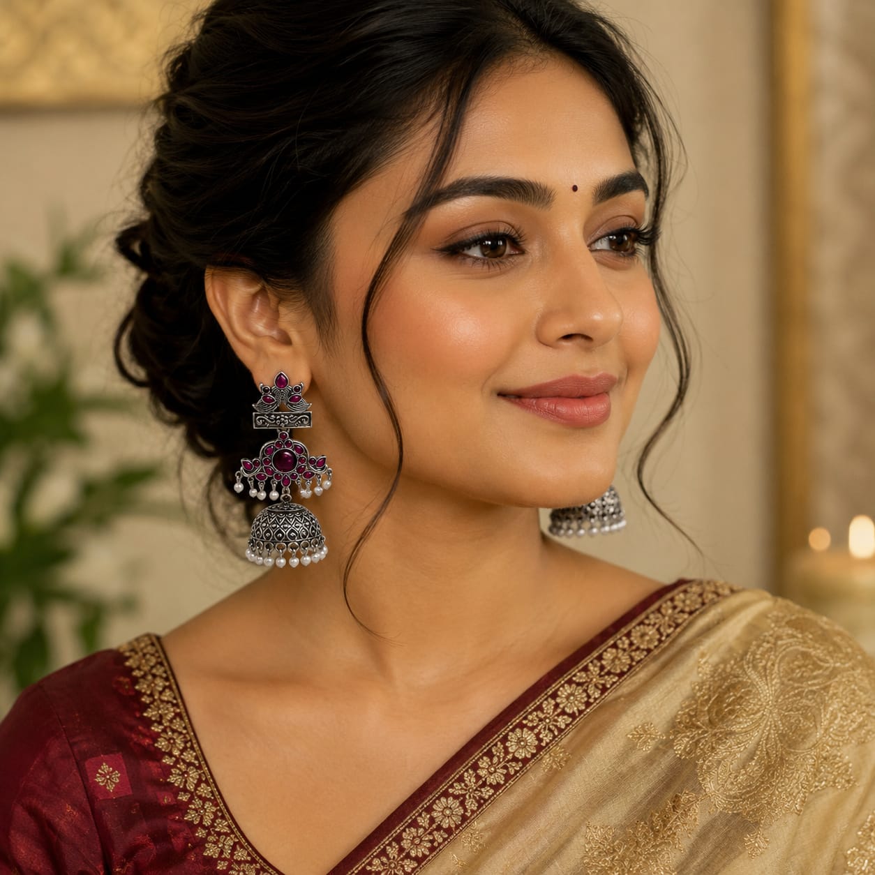 Oxidised Silver Peacock Jhumka Earrings with Red Stone & Pearl Drops