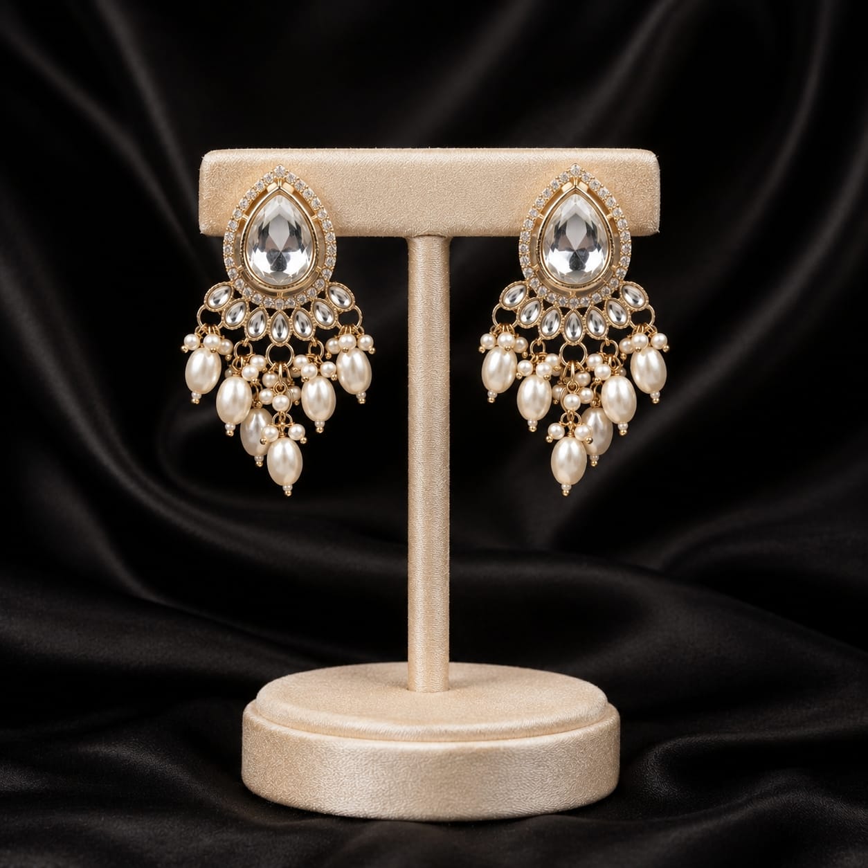 Kundan Crystal & Pearl Drop Earrings | Gold-Tone Chandelier Studs