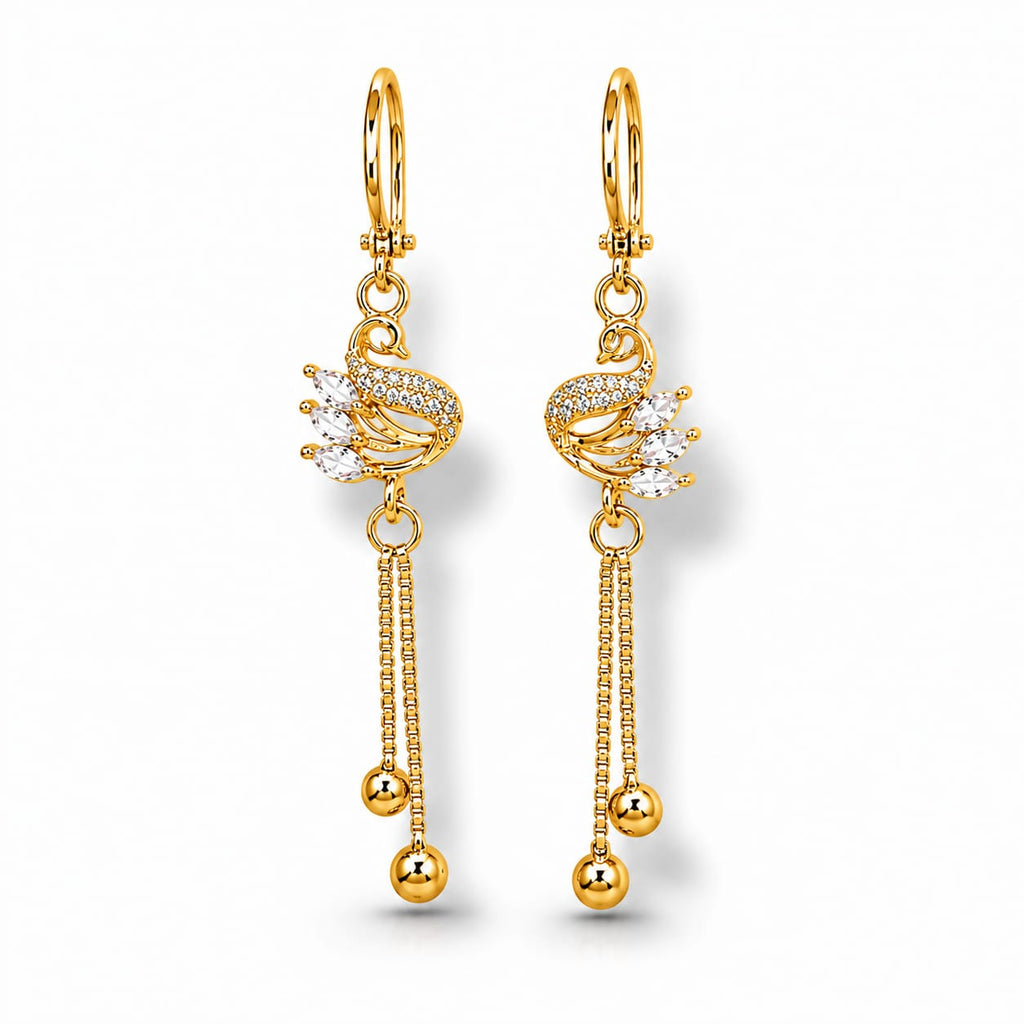 Gold Plated Swan Charm Hoop Earrings with CZ Stones & Chain Ball Drops