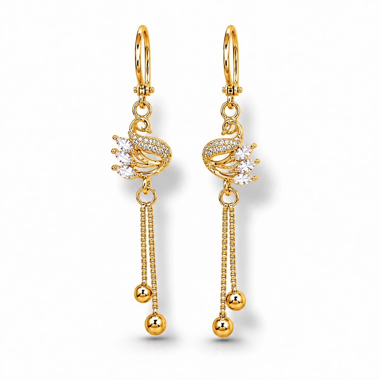 Gold Plated Swan Charm Hoop Earrings with CZ Stones & Chain Ball Drops
