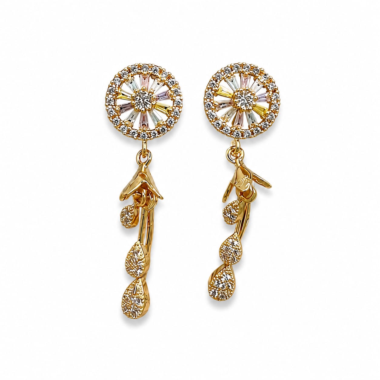 Gold Plated CZ Wheel Stud Earrings with Cascading Teardrop Danglers