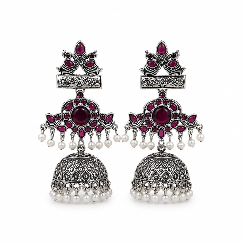 Oxidised Silver Peacock Jhumka Earrings with Red Stone & Pearl Drops