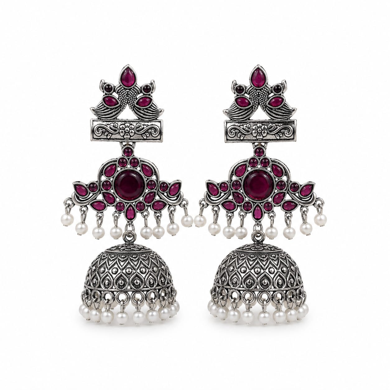 Oxidised Silver Peacock Jhumka Earrings with Red Stone & Pearl Drops