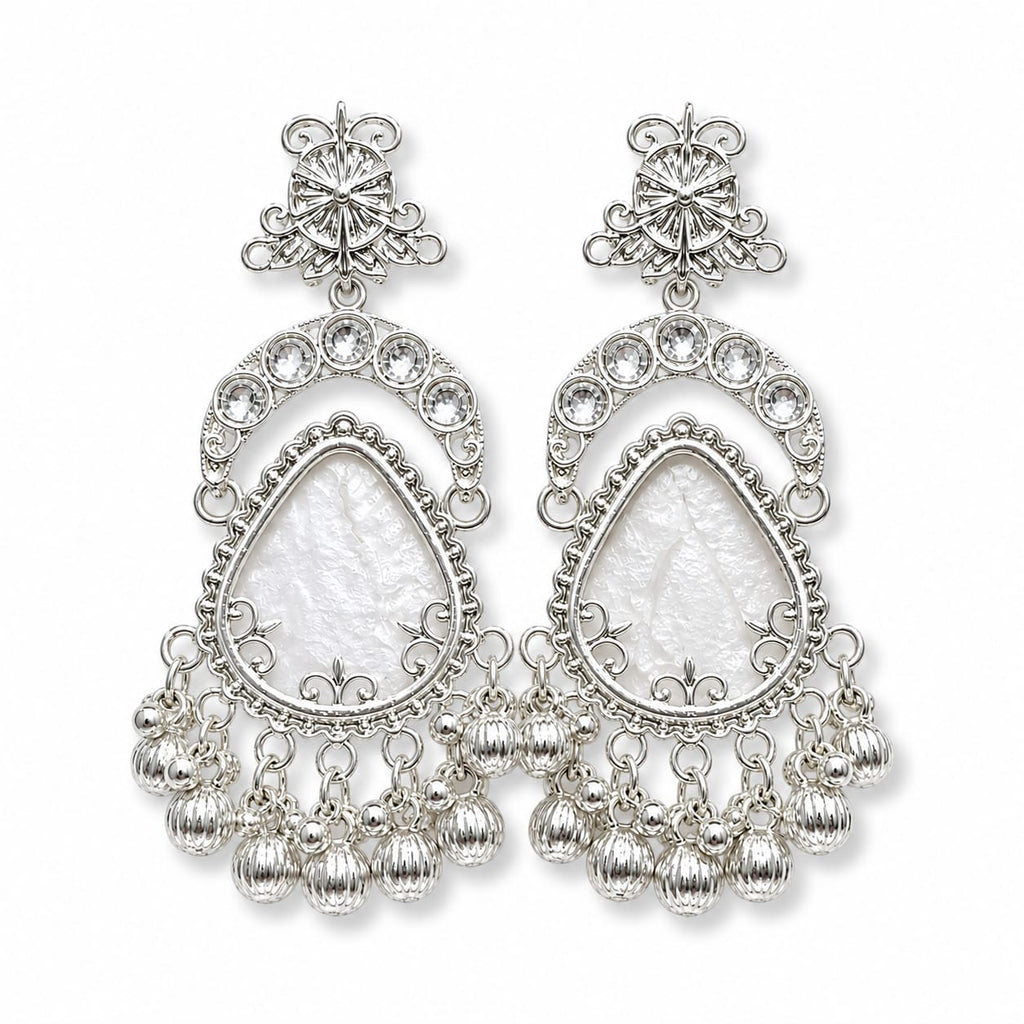 Silver Crystal & Mother of Pearl Chandelier Earrings | Ghungroo Drop