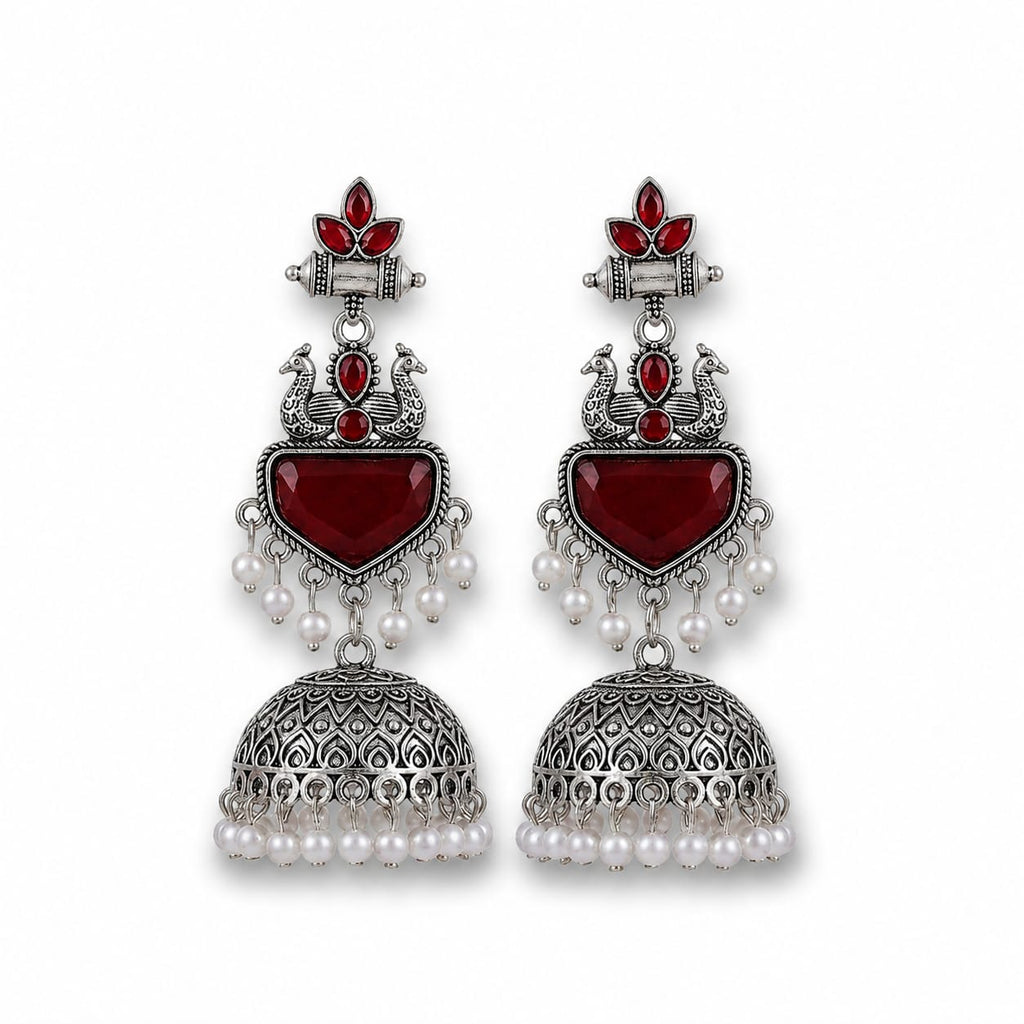 Oxidised Silver Peacock Jhumka Earrings | Red Stone & Pearl Drop