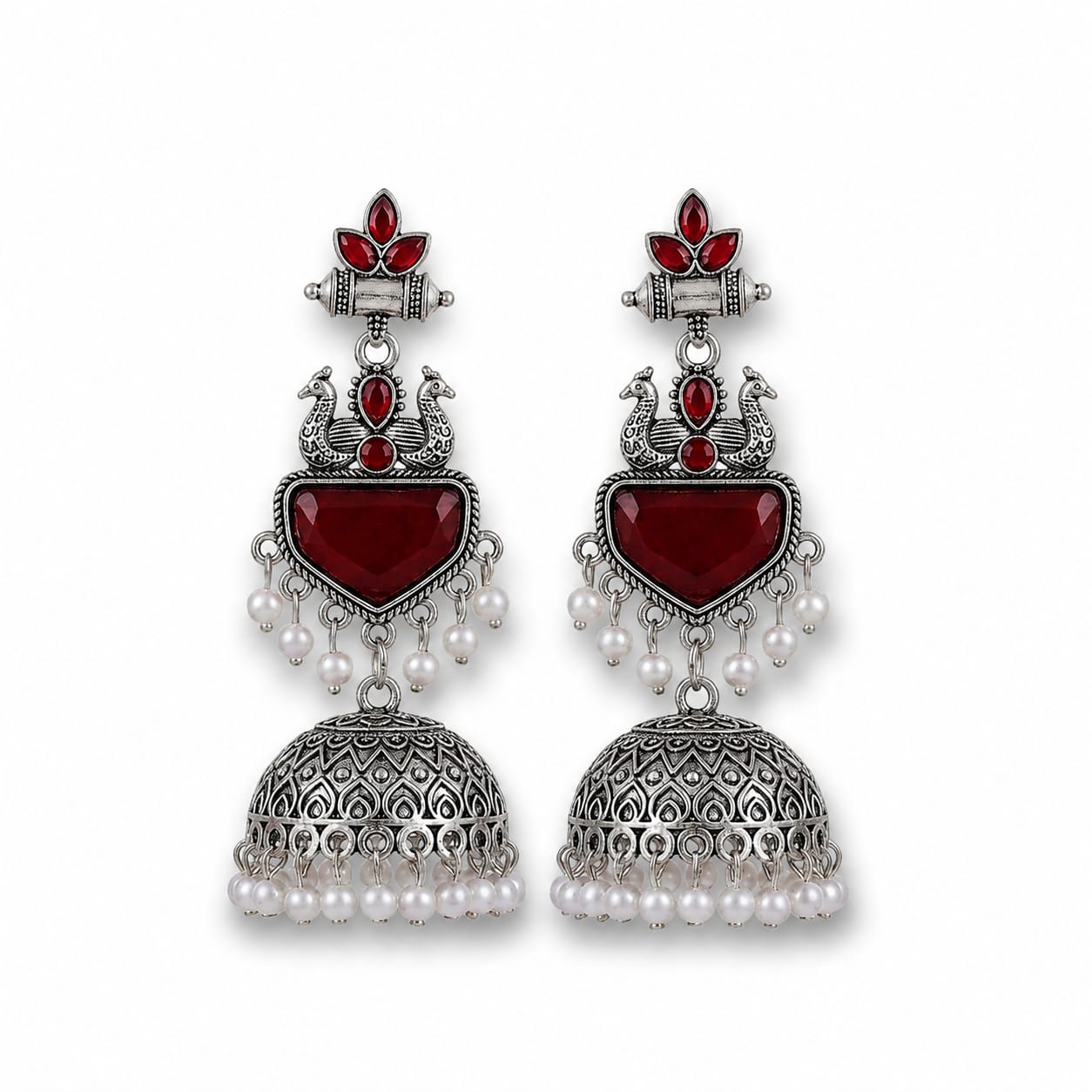 Oxidised Silver Peacock Jhumka Earrings | Red Stone & Pearl Drop