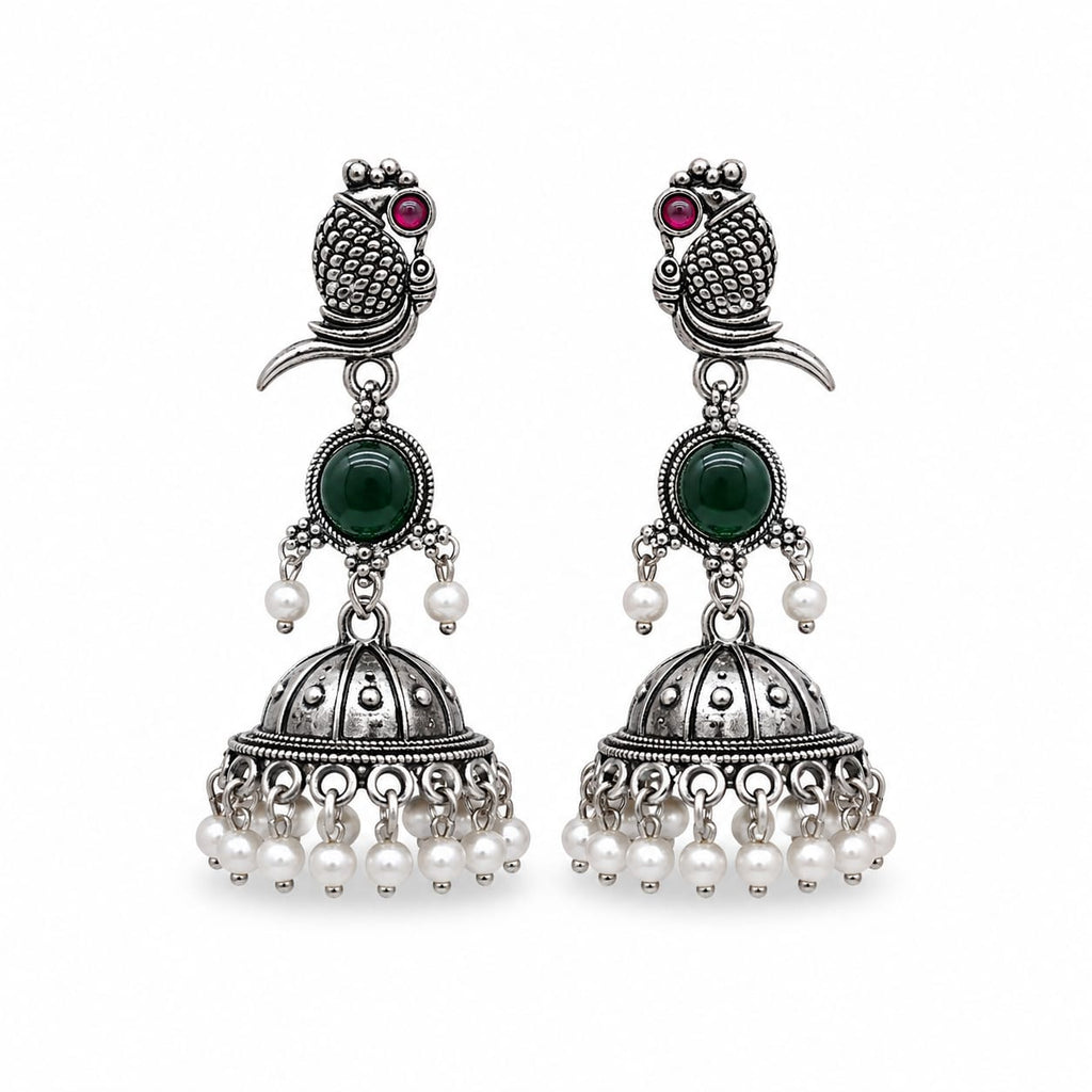 Oxidised Silver Parrot Jhumka Earrings | Green Stone & Pearl Drop