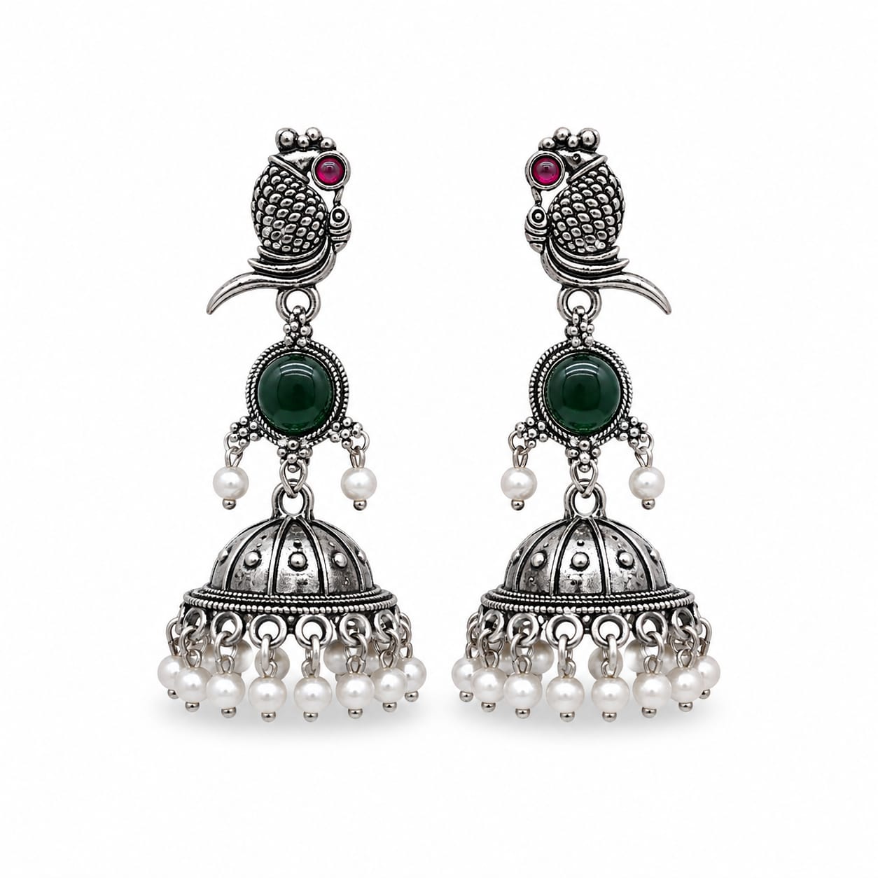 Oxidised Silver Parrot Jhumka Earrings | Green Stone & Pearl Drop