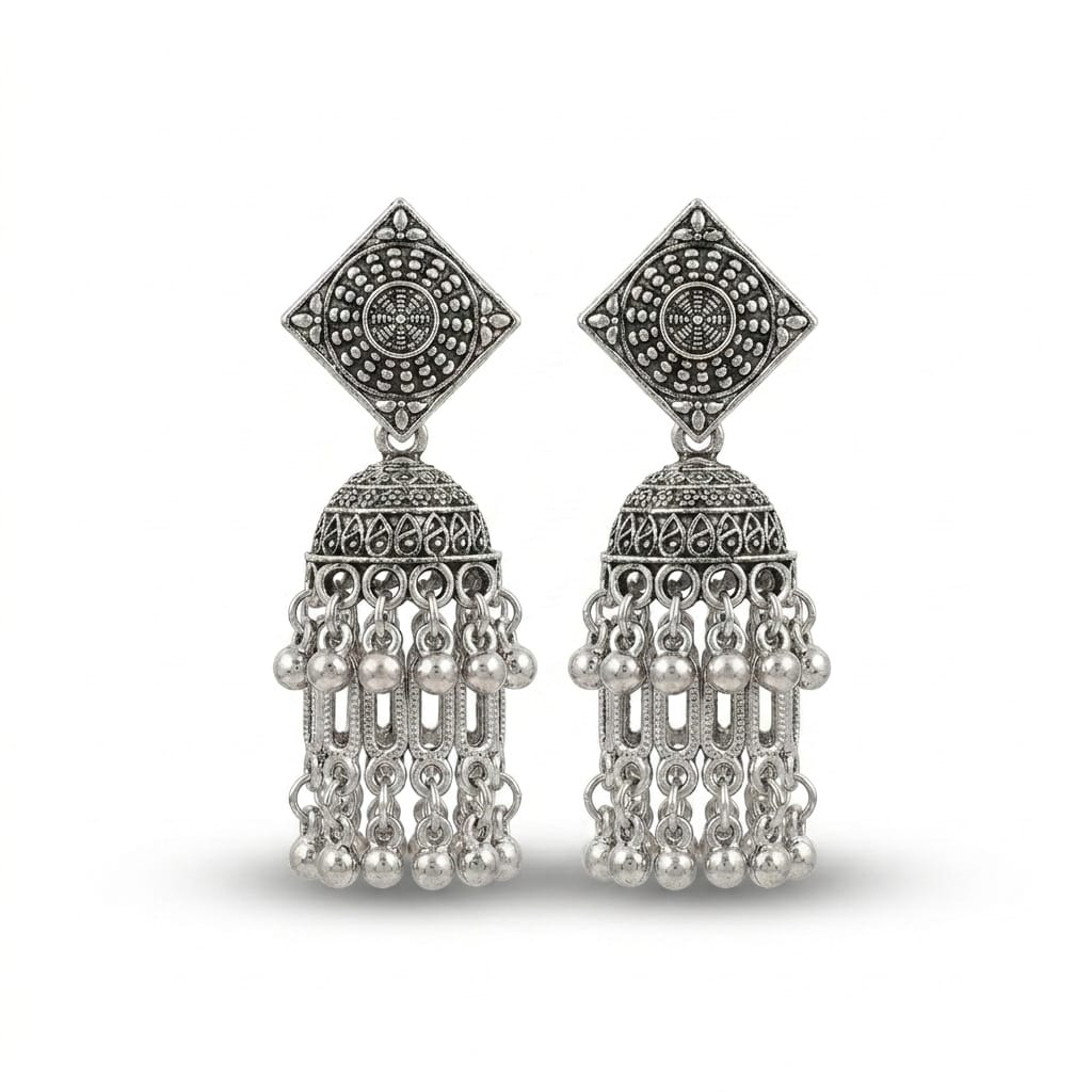 Oxidised Silver Square Stud Jhumka Earrings | Dome Bell Drop with Silver Beads