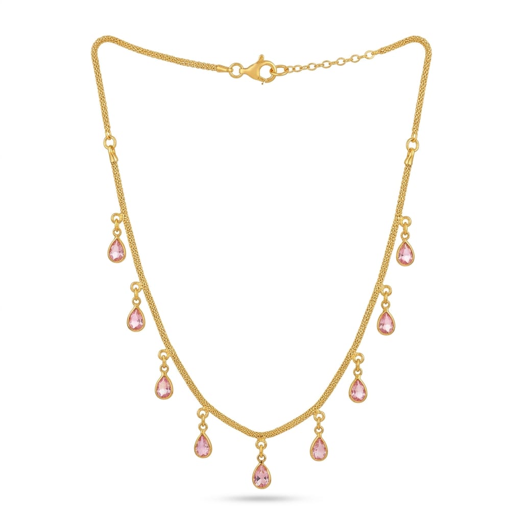 Gold Pink Teardrop Stone Charm Necklace