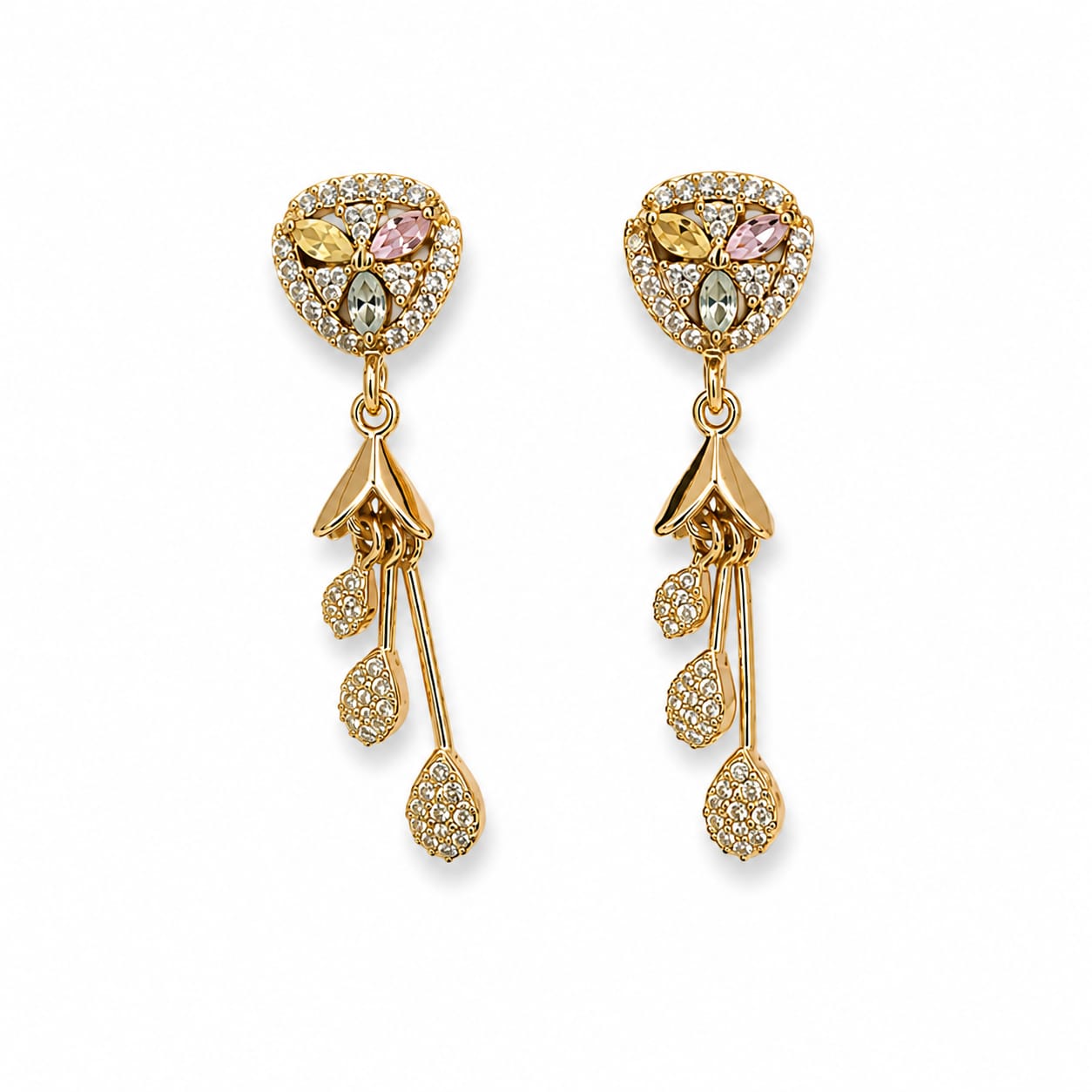 Gold Plated Multicolour Marquise Stud Earrings with CZ Leaf & Teardrop Danglers