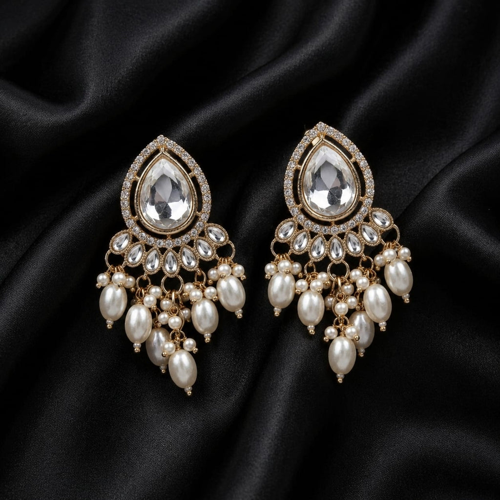 Kundan Crystal & Pearl Drop Earrings | Gold-Tone Chandelier Studs