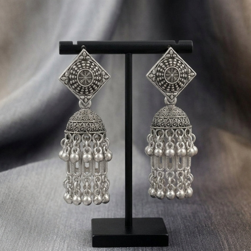 Oxidised Silver Square Stud Jhumka Earrings | Dome Bell Drop with Silver Beads