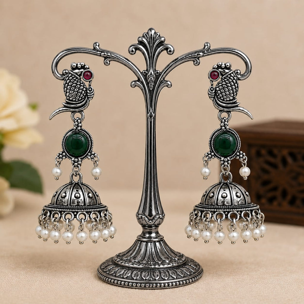 Oxidised Silver Parrot Jhumka Earrings | Green Stone & Pearl Drop