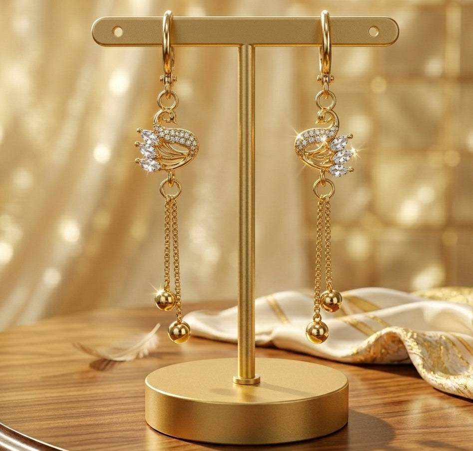 Gold Plated Swan Charm Hoop Earrings with CZ Stones & Chain Ball Drops