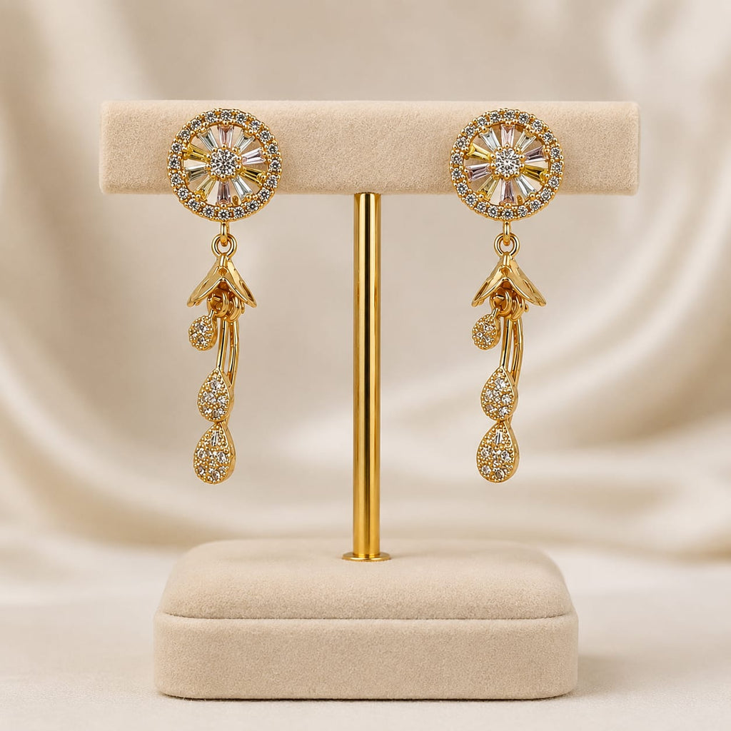 Gold Plated CZ Wheel Stud Earrings with Cascading Teardrop Danglers
