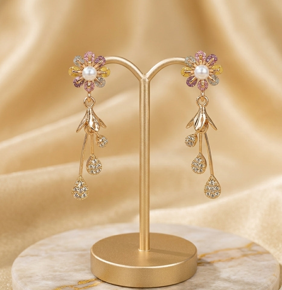 Pearl & Crystal Daisy Drop Earrings