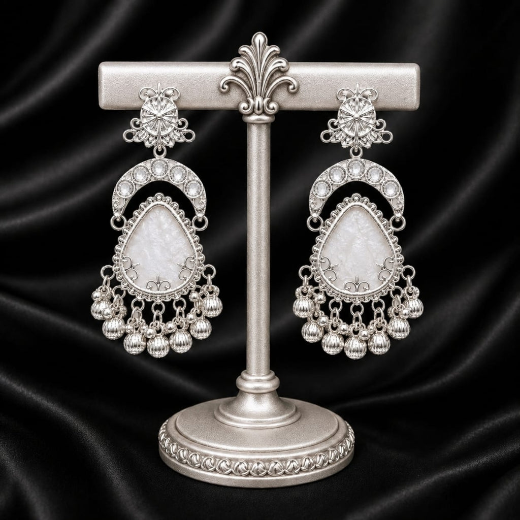 Silver Crystal & Mother of Pearl Chandelier Earrings | Ghungroo Drop