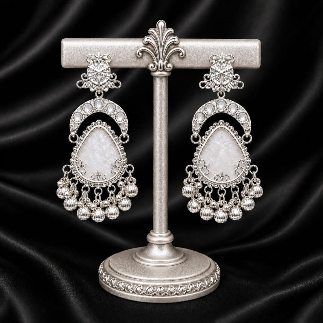Silver Crystal & Mother of Pearl Chandelier Earrings | Ghungroo Drop