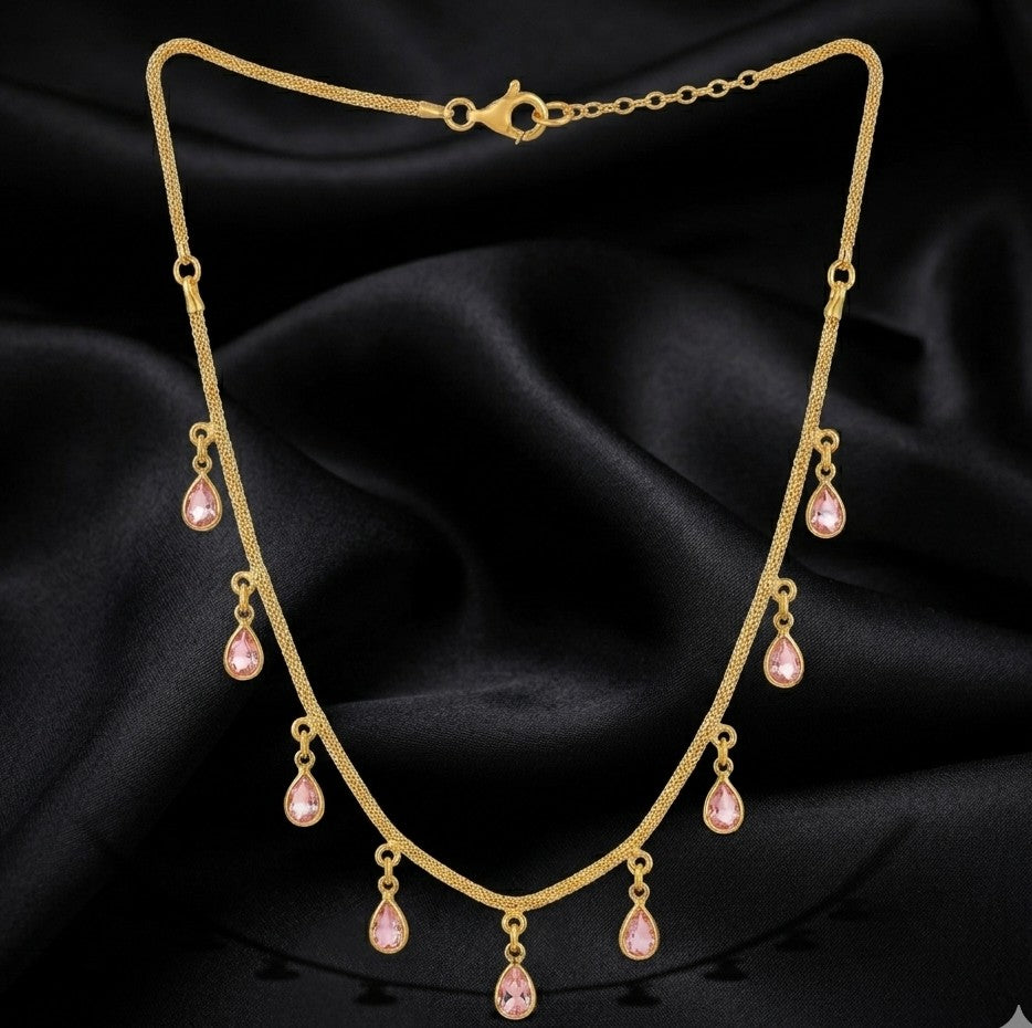 Gold Pink Teardrop Stone Charm Necklace