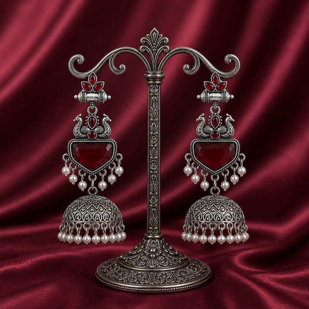 Oxidised Silver Peacock Jhumka Earrings | Red Stone & Pearl Drop