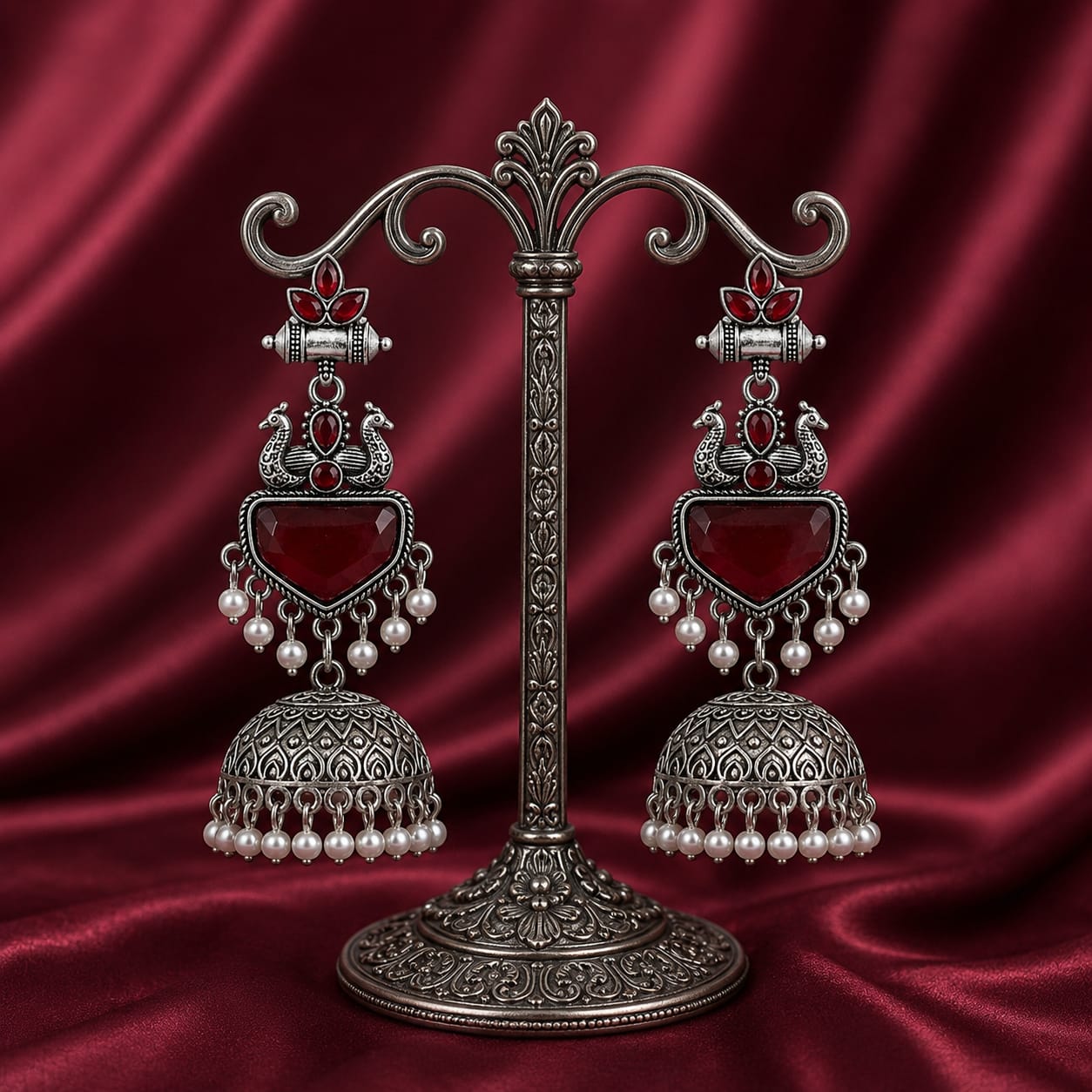 Oxidised Silver Peacock Jhumka Earrings | Red Stone & Pearl Drop