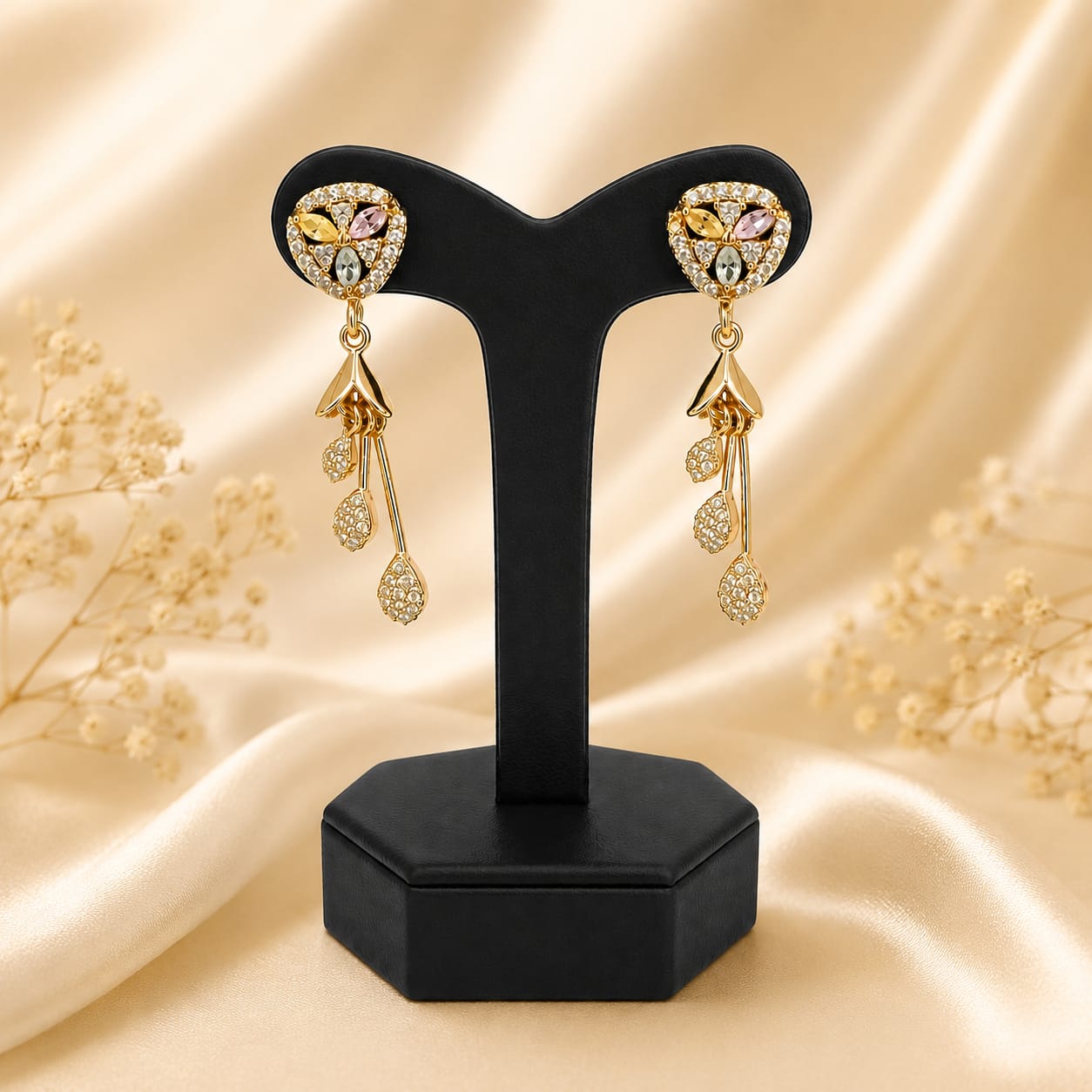 Gold Plated Multicolour Marquise Stud Earrings with CZ Leaf & Teardrop Danglers