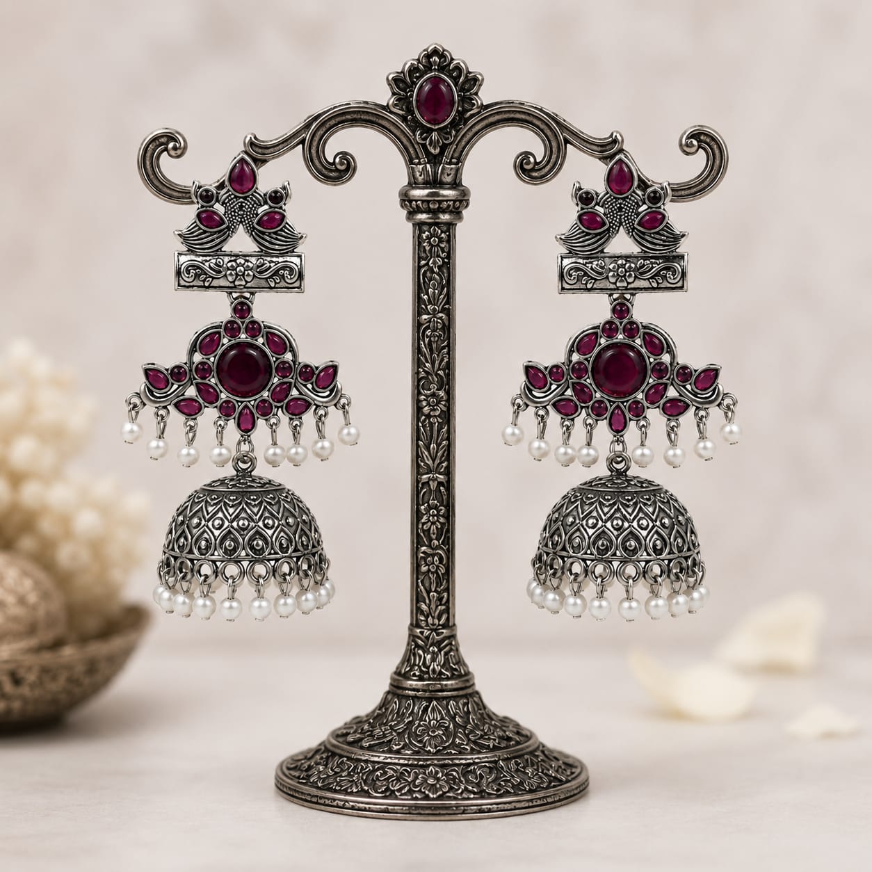 Oxidised Silver Peacock Jhumka Earrings with Red Stone & Pearl Drops
