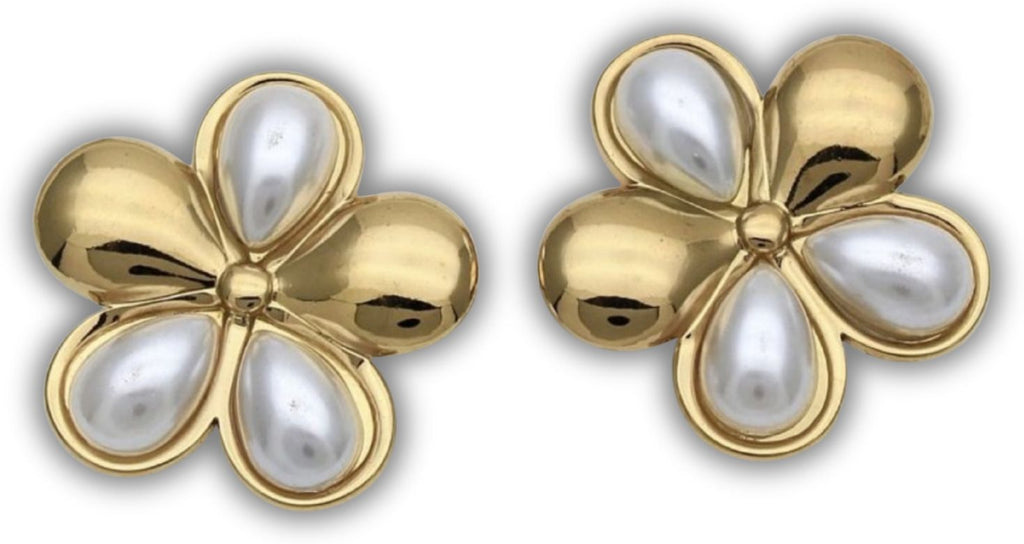 Gold Four-Petal Pearl Flower Stud Earrings