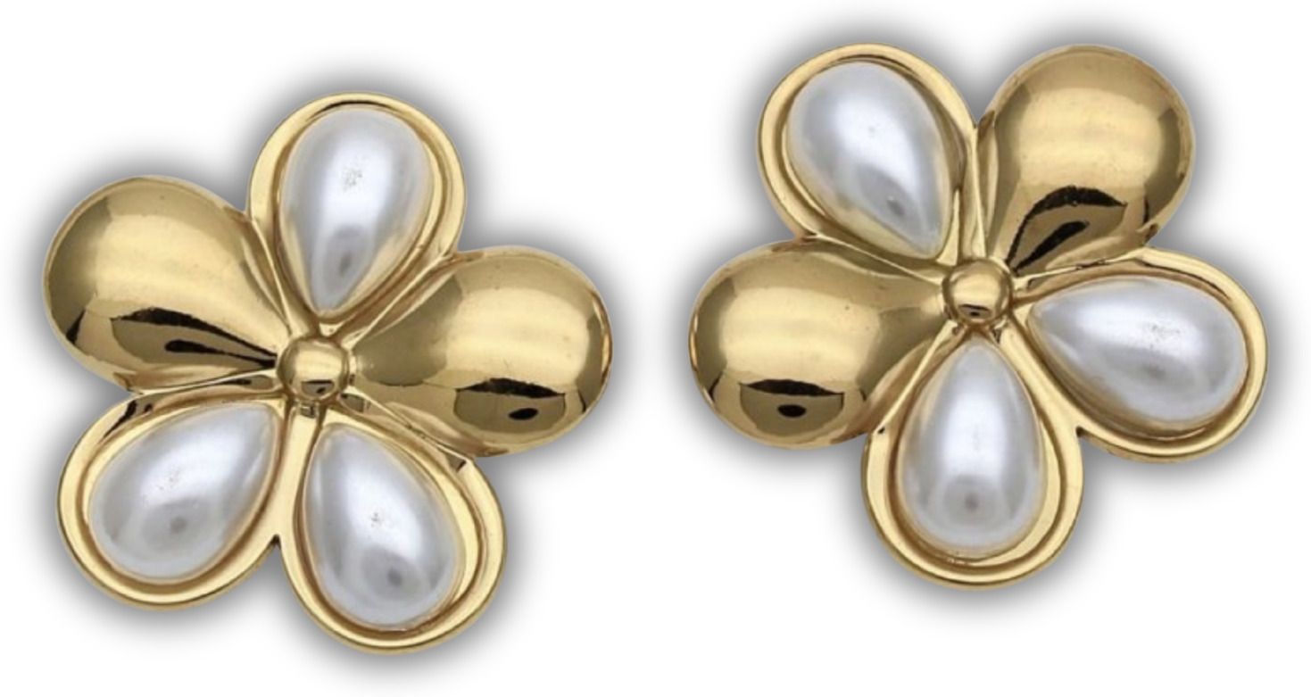 Gold Four-Petal Pearl Flower Stud Earrings