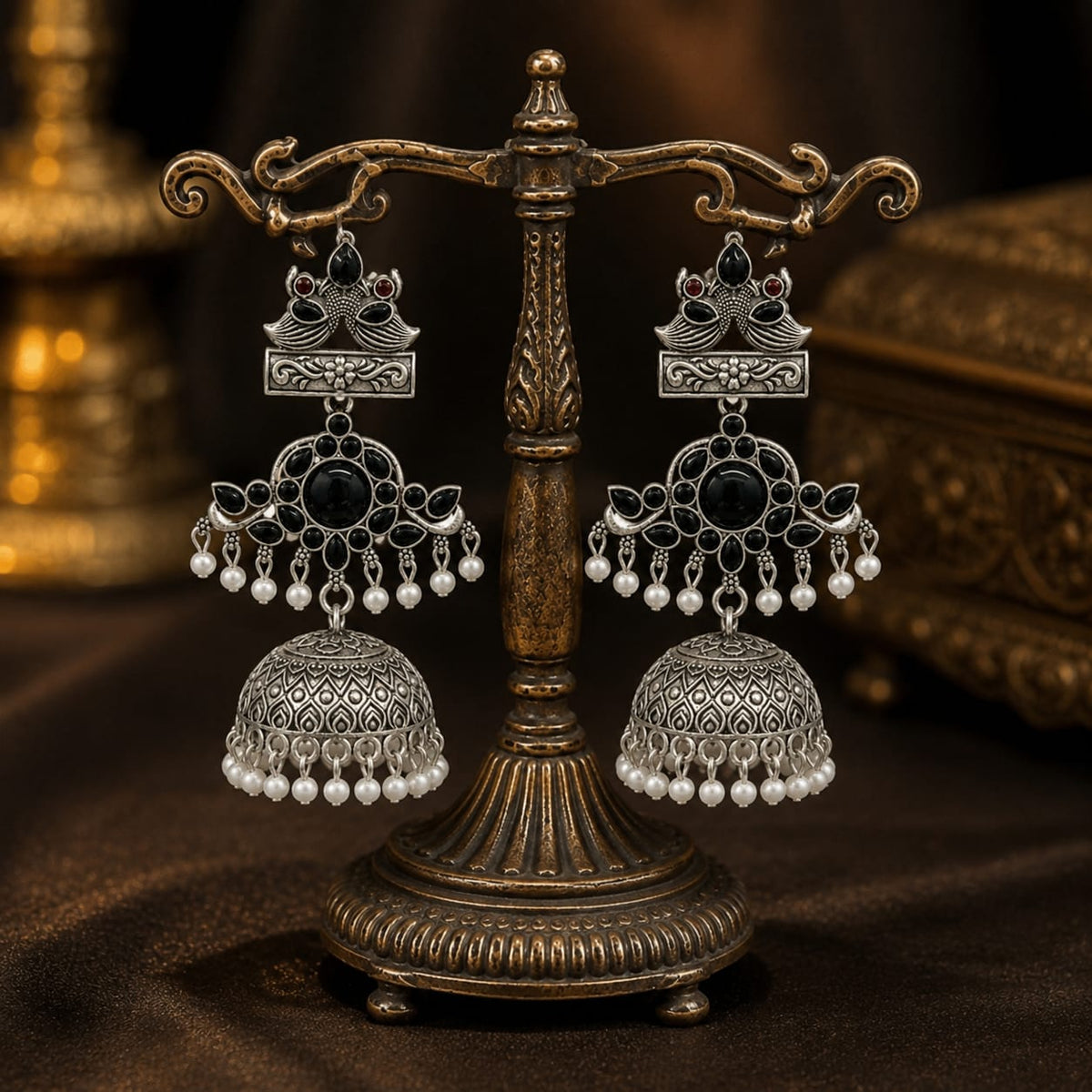 Black Peacock Jhumka Earrings in Oxidised Silver