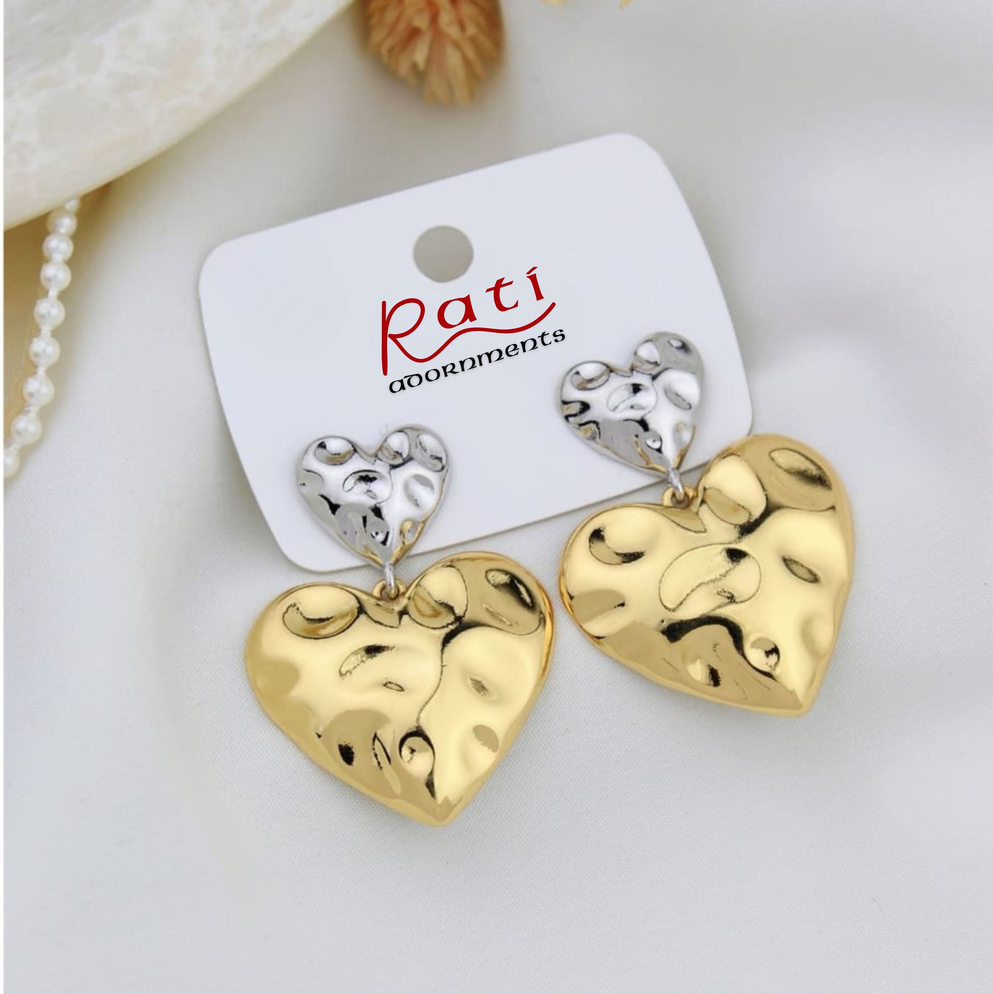 Two-Tone Hammered Heart Drop Earrings