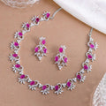 Ruby Red & CZ Diamond Floral Necklace & Earring Set