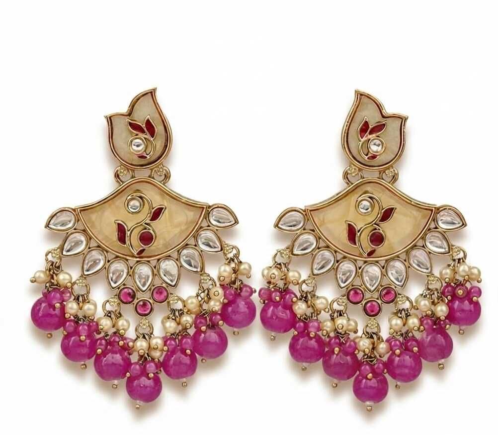 Kundan Chandbali Earrings with Hot Pink Beads & Pearls