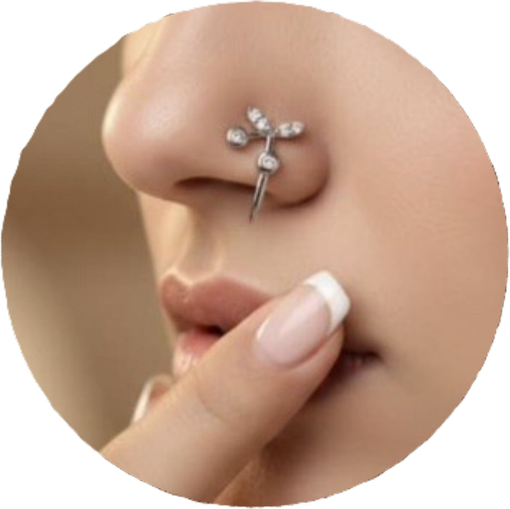Silver Floral Branch Nose Pin with CZ Stones