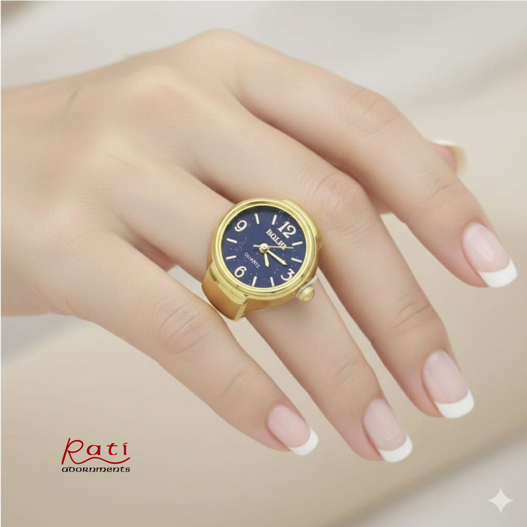 Gold Round Quartz Ring Watch – Navy Blue Dial