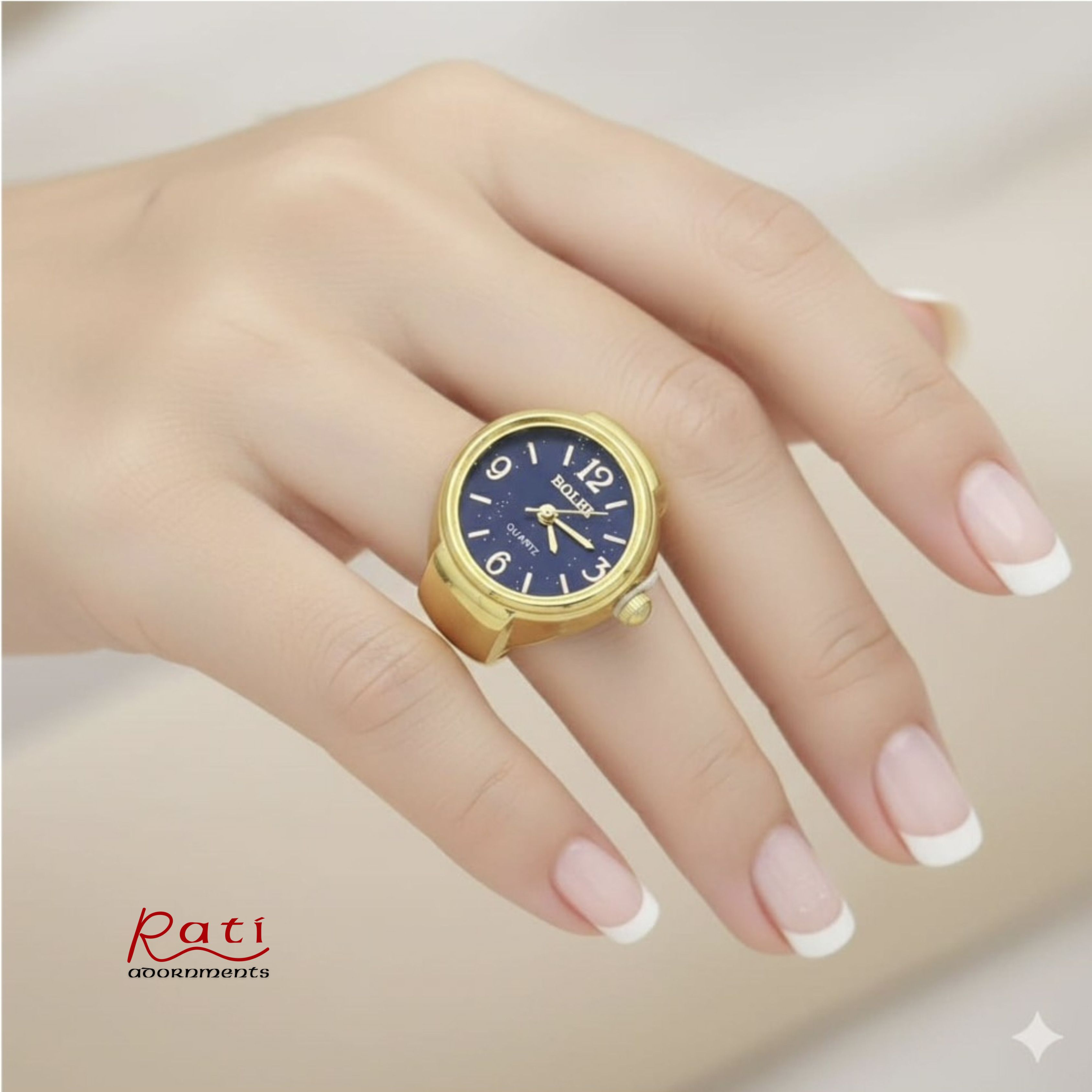 Gold Round Quartz Ring Watch – Navy Blue Dial