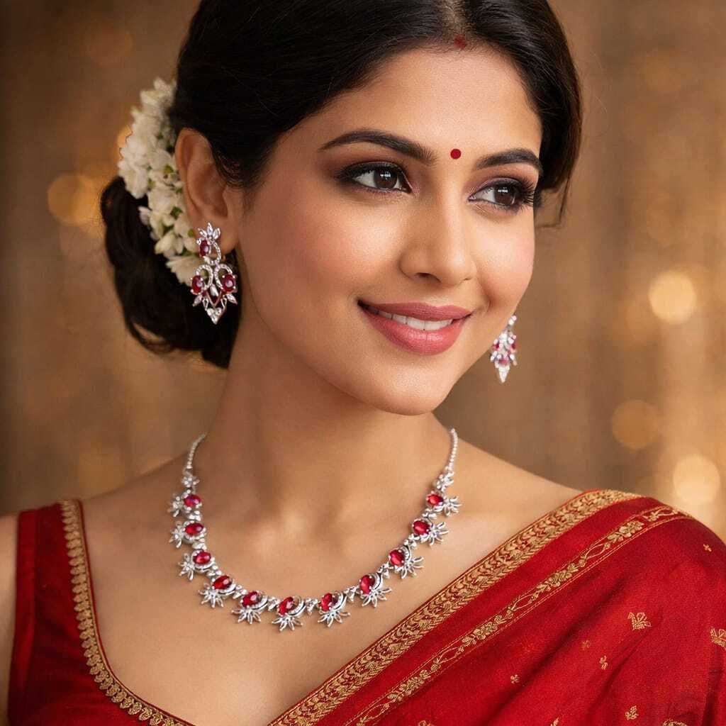 Ruby & CZ Diamond Floral Necklace & Earrings Set