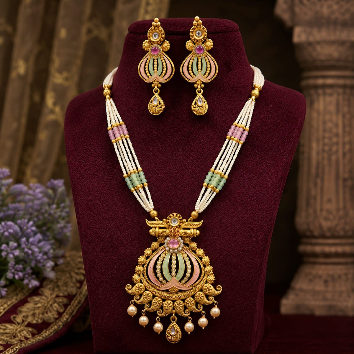 Meenakari Lotus Pendant Necklace Set with Pearl Drops & Matching Earrings