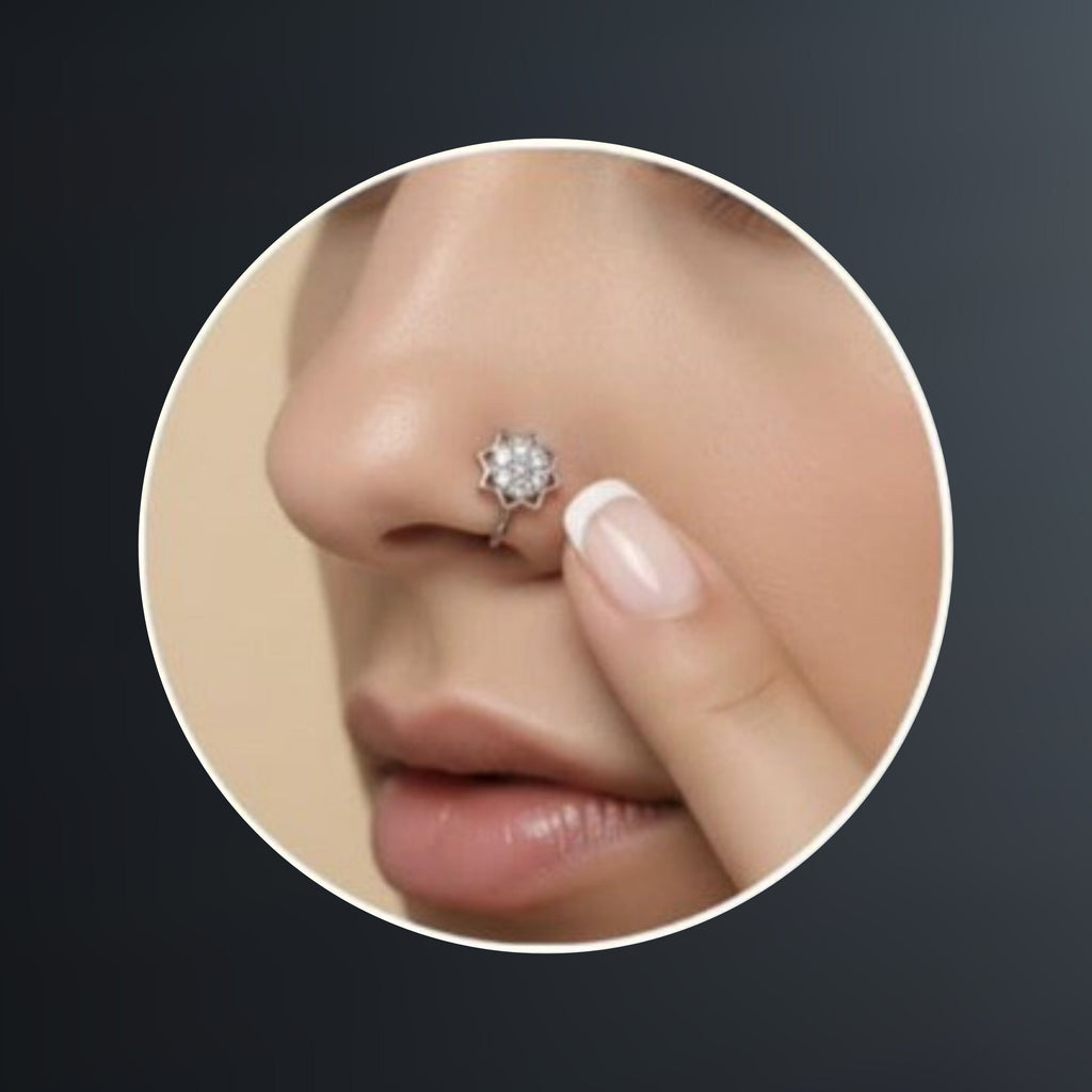 Silver Lotus Nose Pin with Crystal Stones