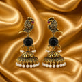Antique Gold Parrot Jhumka Earrings | Black Stone & Pearl Drop