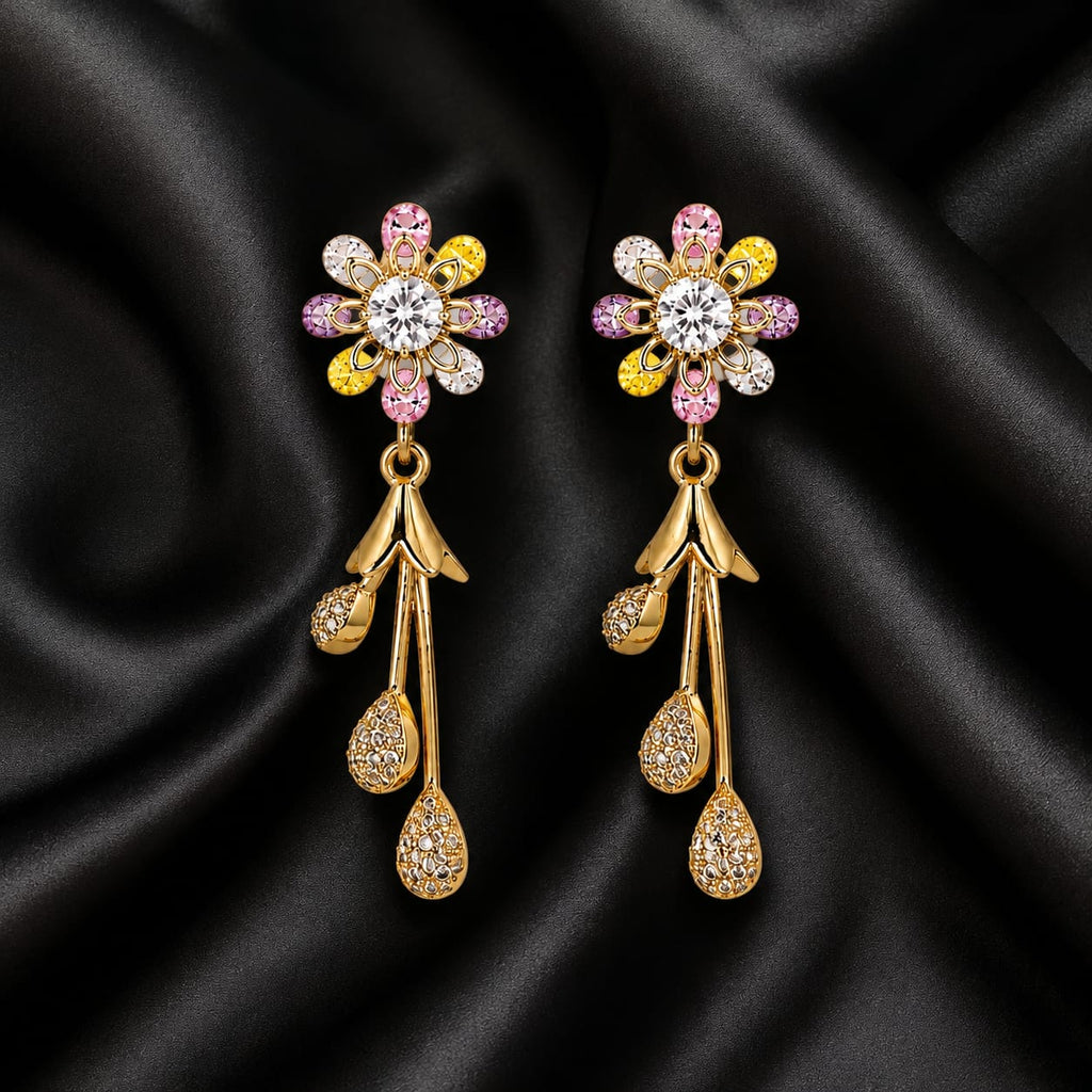 Gold Plated Multicolour Daisy Flower Stud Earrings with CZ Teardrop Danglers