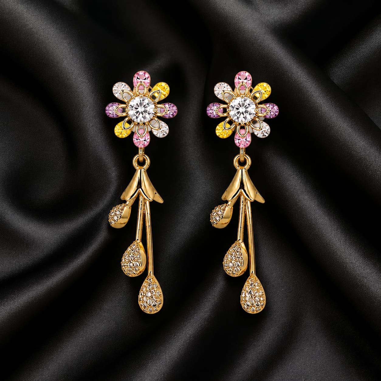 Gold Plated Multicolour Daisy Flower Stud Earrings with CZ Teardrop Danglers
