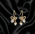 Gold Plated CZ Bow Hook Earrings with Double Heart Crystal Drops