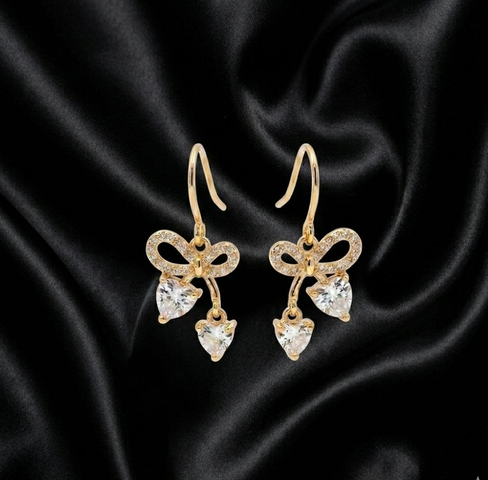Gold Plated CZ Bow Hook Earrings with Double Heart Crystal Drops