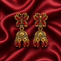 Antique Gold Butterfly Jhumka Earrings | Red Stone & Bead Drop
